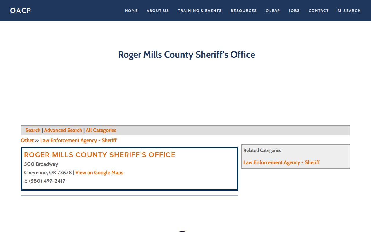 Roger Mills County Sheriff official directory used for warrant-check contact routing